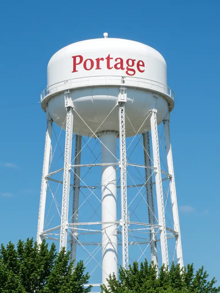 A water tower with the town name "Portage" painted in red on it.