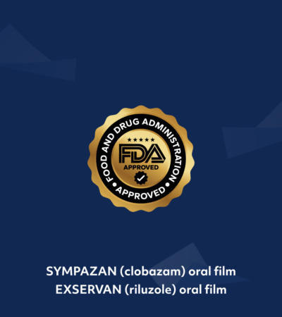 Image of a golden "FDA approved" seal, for Sympazan (clobazam) oral film and Exservan (riluzole) oral film